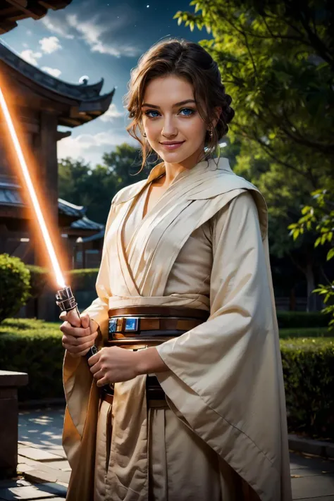 <lora:Rose:.7>, blue eyes, brown hair, jedi robes,looking at viewer, smiling, standing, holding lightsaber, outside, temple, trees, night time, dark, high quality, masterpiece,
<lora:LightSaber:.8>