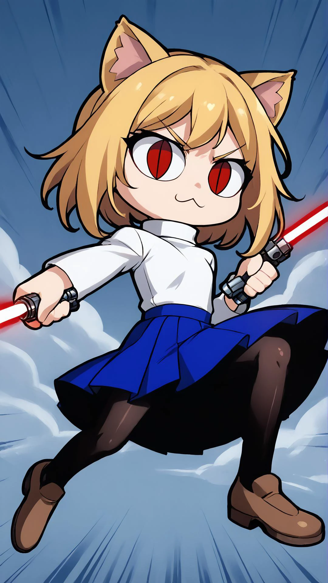 <lora:LightSaberP1:0.8> zzLightSaber, <lora:necoarc-guy-PONYv1_1:0.8> necoarc, solo, blonde hair, red eyes, slit pupils, cat ears, :3, v-shaped eyebrows, chibi, turtleneck, white shirt, blue skirt, pleated skirt, pantyhose, brown footwear, turtleneck, white shirt, purple skirt, pantyhose, flying, motion lines, motion blur,, score 9, score 8 up, score 7 up, score 6 up, score 5 up, score 4 up, BREAK,