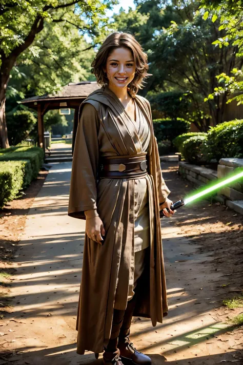 <lora:ECH:.7>, brown eyes, brown hair, jedi robes, looking at viewer, smiling, teeth, standing, holding lightsaber, green beam, outside, park, dirt path, trees, dappled sunlight, dynamic lighting, high quality, masterpiece,
<lora:LightSaber:.8>