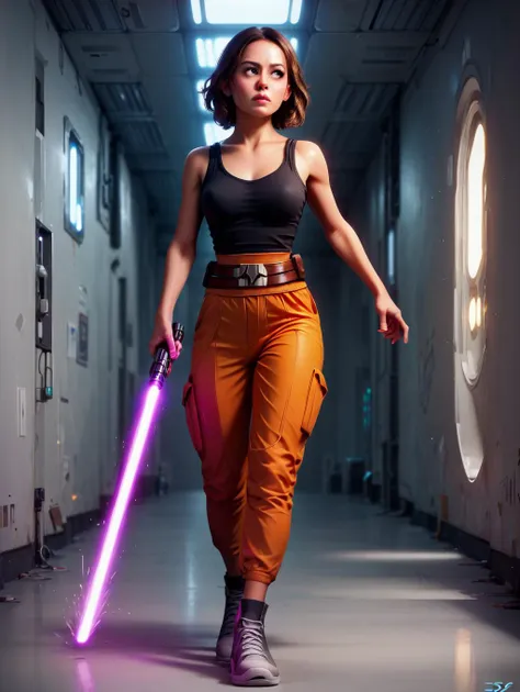 score_9, score_8_up, score_7_up, score_6_up,score_5_up, 1girl, slender, medium hair, brown hair, brown eyes, (Summer Glau:0.5), black tank top, looking to the side, running, orange jumpsuit, tied at the waist, science fiction, white hallway, laser blasts, holding weapon, Star Wars, lightsaber, purple lightsaber, hand on a wall, perfect perspective, zPDXL,  perfect hands,zzLightSaber, <lora:Perfect Hands:0.8>   <lora:LightSaberP1:0.8>