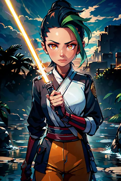 ((masterpiece,best quality)), absurdres, <lora:Nemona_Pokemon:0.7>, Nemona_Pokemon,  black hair, green hair, orange eyes, dark skin, multicolored hair, two-tone hair, hair pulled back,      <lora:LightSaber:0.7>, zzLightSaber