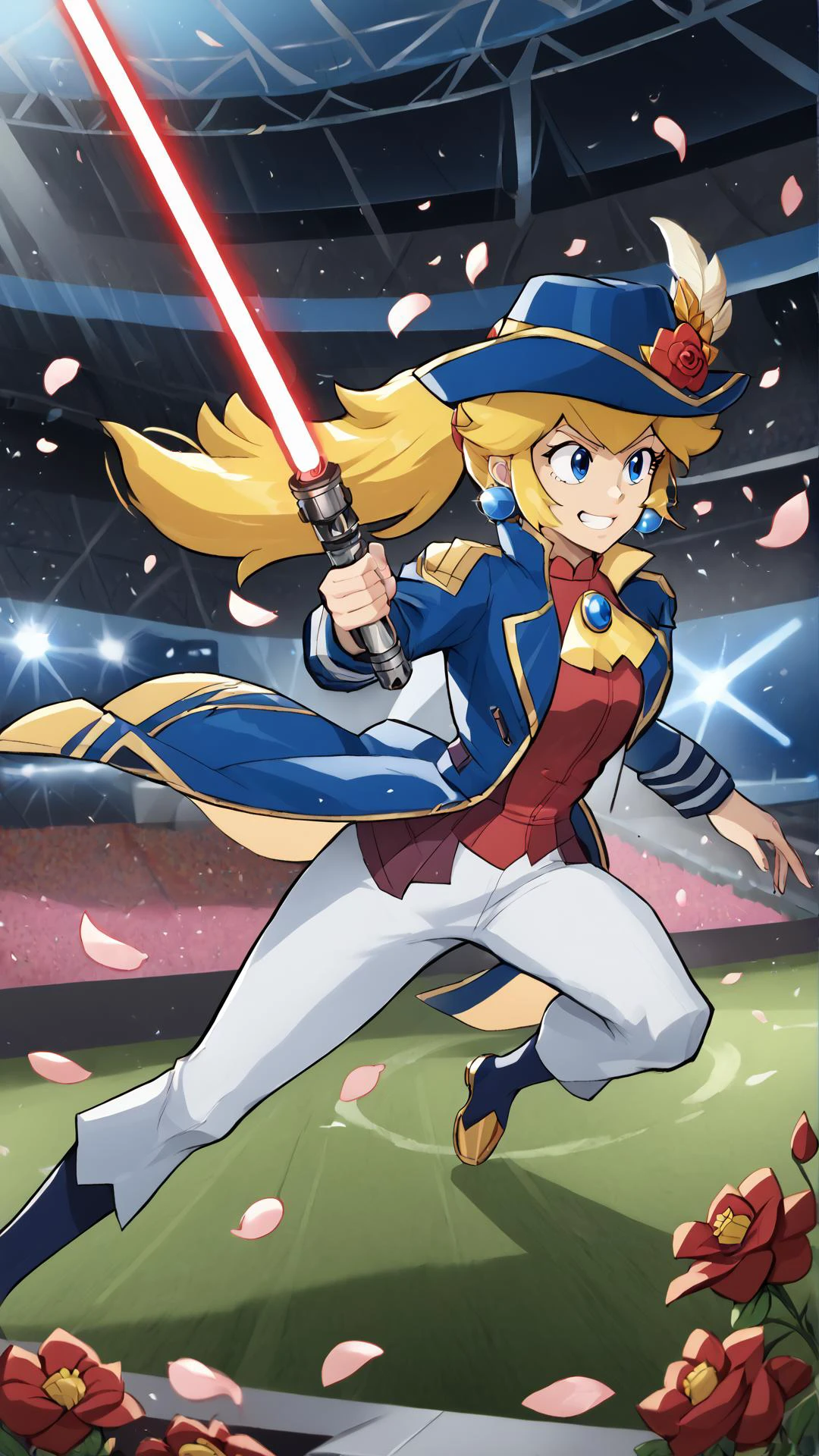 <lora:LightSaberP1:0.8> zzLightSaber, motion lines, motion blur, <lora:PrincessPeach_XLPD:0.8> princess peach, solo, IncrsPchSwordfighter, long hair, ponytail, hat feather, ascot, white pants, hat flower, long sleeves, petals, red flower, red shirt, blue jacket, feathers, blue coat, coat, blue headwear, brooch, jewelry, earrings, grin, arena, stadium, stage, score 9, score 8 up, score 7 up, score 6 up, score 5 up, score 4 up, BREAK,