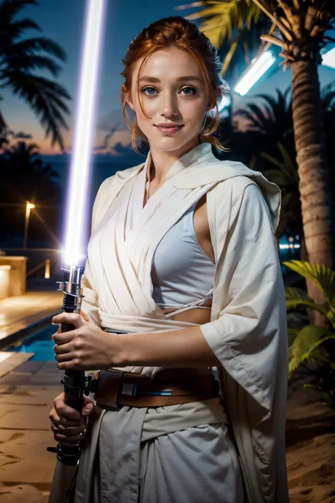 <lora:CRW:.7>, green eeys, ginger hair, white jedi robes, looking at viewer, serious, smiling, standing, upper body shot, outside, beach, palm trees, holding lightsaber, blue beam, dark, night time, high quality, masterpiece,
high quality, masterpiece,<lora:LightSaber:.8>