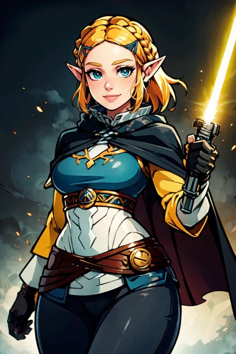 ((masterpiece, best quality)), absurdres,    ,<lora:LightSaber:0.8>, zzLightSaber, gloves,  elbow gloves, belt,  cape,     (curvy), cute, eyelashes,    aazelda, long hair, crown braid, hairclip, pointy ears, tight pants, looking at viewer, <lora:zelda_1:0.7>, smile, cowboy shot,