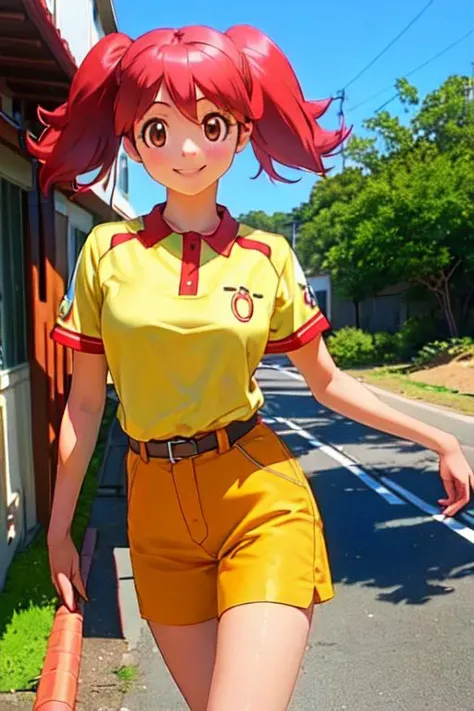 realistic, wallpaper, 1girl, solo, <lora:Hinata_Natsumi_V2:1>, hinata_natsumi, red eyes, red hair, twintails, cowboy shot, smile, outdoors