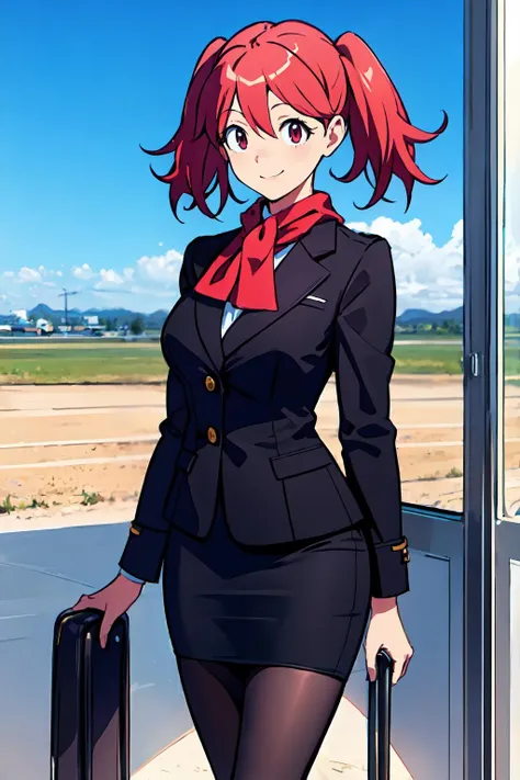 realistic, wallpaper, 1girl, solo, <lora:Hinata_Natsumi_V2:1>, hinata_natsumi, red eyes, red hair, twintails, cowboy shot, smile,
travel attendant, flight attendant, black jacket, black pantyhose, black skirt, red scarf, pencil skirt, collared shirt