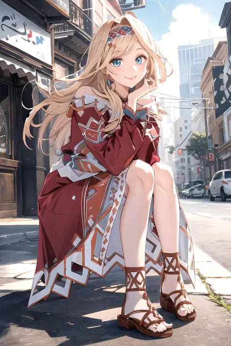 masterpiece, (best quality), vibrant colors ,natural lighting ,RTX, perfect proportions, beautiful, detailed face, (perfect eyes:1.1) ,(photorealistic:1.1), 8k uhd, outdoors, simple background, Layla Alstromeria, 1girl, solo, long hair, smile, blonde hair, dress, jewelry, braid, hairband, red dress, sandals, Kneeling with both hands on thighs,  <lora:Layla_Alstromeria:0.85>