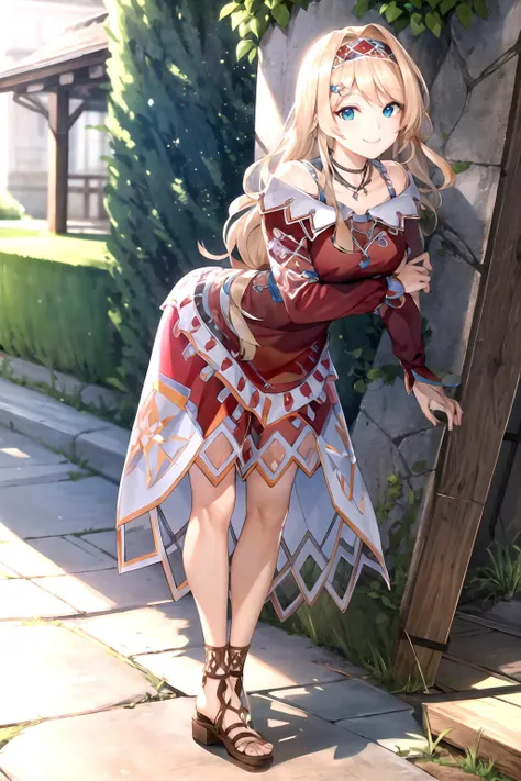 masterpiece, (best quality), vibrant colors ,natural lighting ,RTX, perfect proportions, beautiful, detailed face, (perfect eyes:1.1) ,(photorealistic:1.1), 8k uhd, outdoors, simple background, Layla Alstromeria, 1girl, solo, long hair, smile, blonde hair, dress, jewelry, braid, hairband, red dress, sandals, Leaning forward with one hand on the knee, <lora:Layla_Alstromeria:0.85>