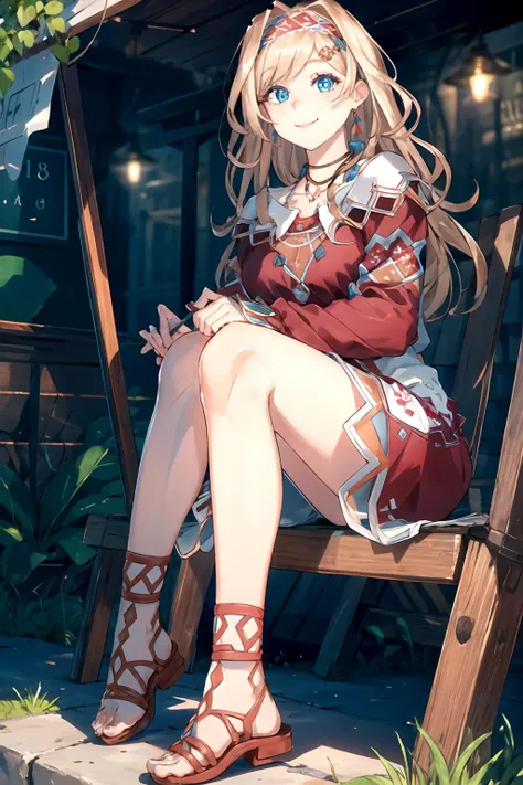 masterpiece, (best quality), vibrant colors ,natural lighting ,RTX, perfect proportions, beautiful, detailed face, (perfect eyes:1.1) ,(photorealistic:1.1), 8k uhd, outdoors, simple background, Layla Alstromeria, 1girl, solo, long hair, smile, blonde hair, dress, jewelry, braid, hairband, red dress, sandals, Sitting with legs extended, <lora:Layla_Alstromeria:0.85>