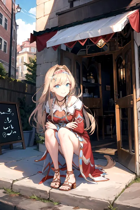masterpiece, (best quality), vibrant colors ,natural lighting ,RTX, perfect proportions, beautiful, detailed face, (perfect eyes:1.1) ,(photorealistic:1.1), 8k uhd, outdoors, simple background, Layla Alstromeria, 1girl, solo, long hair, smile, blonde hair, dress, jewelry, braid, hairband, red dress, sandals, Kneeling with one arm resting on the knee, <lora:Layla_Alstromeria:0.85>