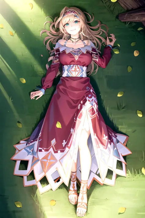 masterpiece, (best quality), vibrant colors ,natural lighting ,RTX, perfect proportions, beautiful, detailed face, (perfect eyes:1.1) ,(photorealistic:1.1), 8k uhd, outdoors, simple background, Layla Alstromeria, 1girl, solo, long hair, smile, blonde hair, dress, jewelry, full body, braid, hairband, red dress, sandals, Lying on the stomach, arms outstretched, <lora:Layla_Alstromeria:0.85>
