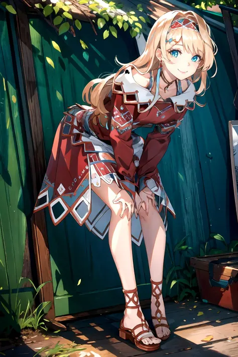 masterpiece, (best quality), vibrant colors ,natural lighting ,RTX, perfect proportions, beautiful, detailed face, (perfect eyes:1.1) ,(photorealistic:1.1), 8k uhd, outdoors, simple background, Layla Alstromeria, 1girl, solo, long hair, smile, blonde hair, dress, jewelry, braid, hairband, red dress, sandals, Leaning forward with hands on knees, <lora:Layla_Alstromeria:0.85>