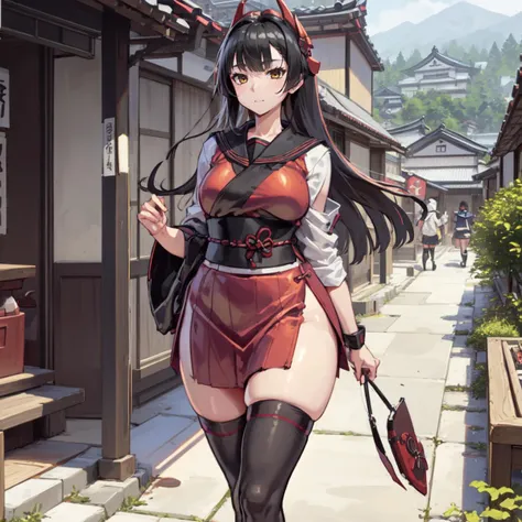 (garments)

	• Crimson Combat Kimono
	• Black belts and sachets
	•chain mail
	• Black tabi socks and sandals
	• Japan sword at the waist
	• Leather back on wrist

(Physical features):
　　　・Breasts are normal、woman
	• Tall stature、muscularity
	• Sharp slit eye
	• Sunburned skin blemishes and bruises
	• Flowing black hair、Bundling at a lower position