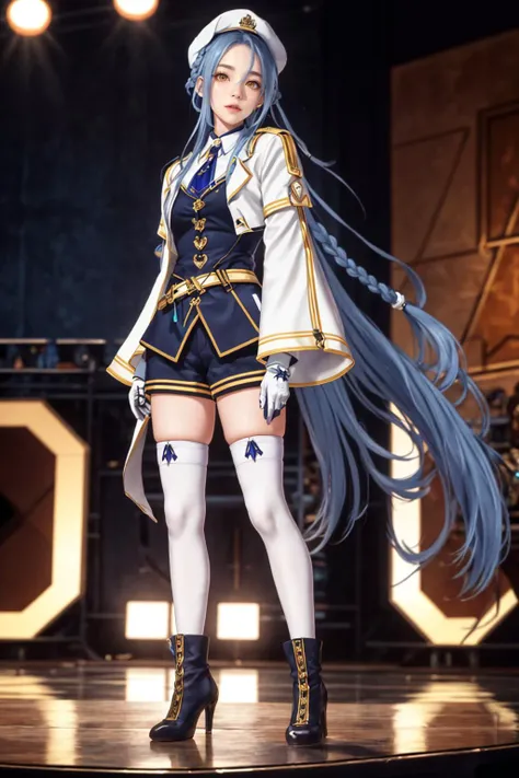 8K,highres,absurdres,masterpiece,best quality,original,extremely detailed CG,extremely detailed wallpaper,perfect lighting,<lyco:GoodHands-beta2:1>,1girl,blurry_background,looking_at_viewer,standing,
<lora:girl_20240320173627:0.7>,white cap,gloves,braid,blue hair,forehead mark,white thighhighs,thighhighs,long sleeves,yellow eyes,shorts,wide sleeve,long hair,