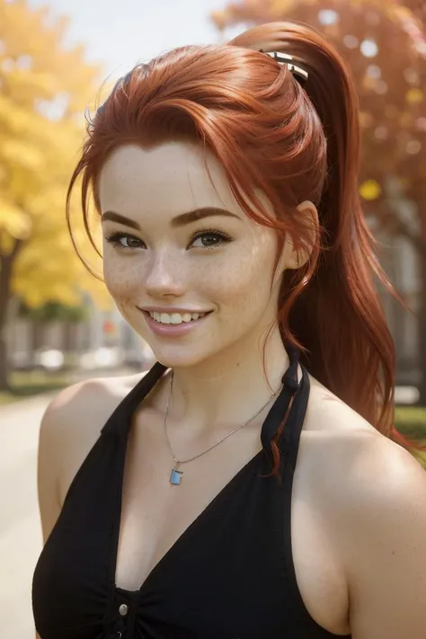 portrait, head shot, modelshoot style, looking at viewer,
sablynn, 1girl, red hair, long hair, freckles, smile, grin, teeth,
pony tail, (red lipstick:1.1), detailed black dress, necklace,
realistic, skin detail, detailed eyes,
outdoors, autumn, depth of field, blurred background, cold volumetric lighting, masterpiece, best quality
<lora:Sabrina_Lynn_v3-06:0.8>