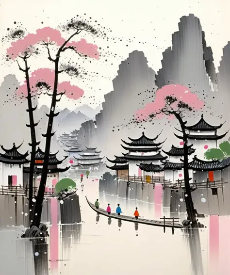<lora:Wu Guanzhong Style:1>Wu Guanzhong Style - This is a gouache painting by Wu Guanzhong and william tuner. The main body of the picture is a rough brush curve like pine branches. Behind the curve with light gray lines gently outline Jiangnan water town. Both a solid and a virtual, a light and a strong. In between mountains with colorful water pink dots