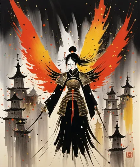 <lora:Wu Guanzhong Style:1>Wu Guanzhong Style - A beautiful painting by Wu Guanzhong, Traditional Chinese colorful Ink , epic female warrior on fire ablaze in black and gold armor with angel wings, horror christian cathedral, nighttime, dungeons and dragons,