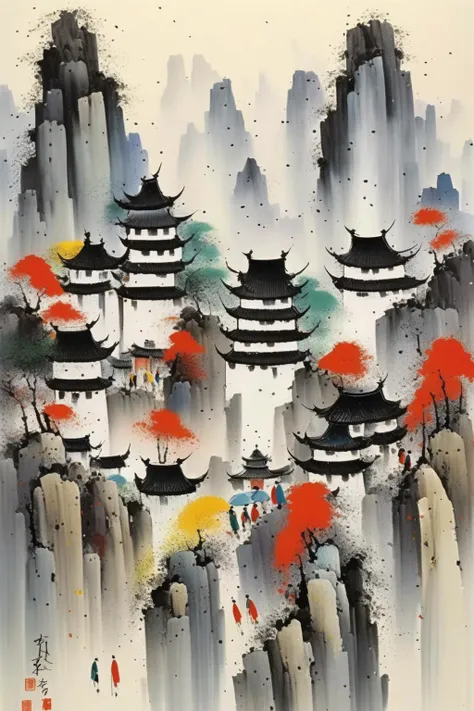 <lora:Wu Guanzhong Style:1>Wu Guanzhong Style - A beautiful painting by Wu Guanzhong, Traditional Chinese colorful Ink of The ancient city walls stand tall among the mountains, like giants guarding history and living up to their reputation over time