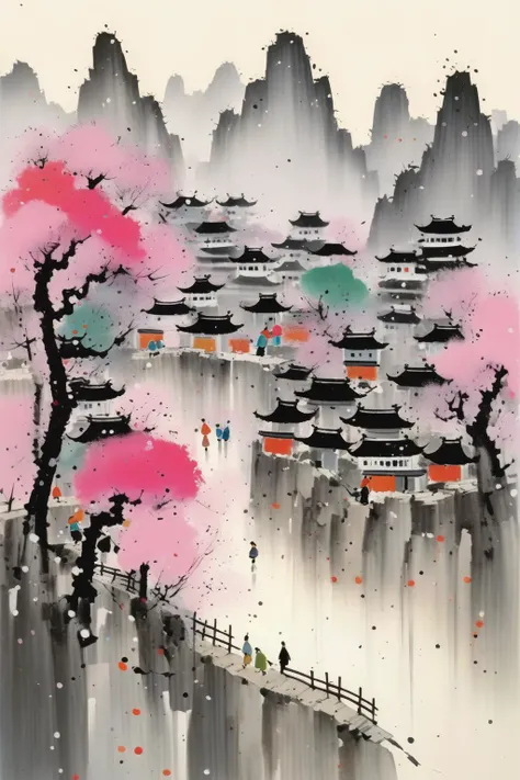<lora:Wu Guanzhong Style:1>Wu Guanzhong Style - This is a gouache painting by Wu Guanzhong and william tuner. The main body of the picture is a rough brush curve like pine branches. Behind the curve with light gray lines gently outline Jiangnan water town. Both a solid and a virtual, a light and a strong. In between mountains with colorful water pink dots
