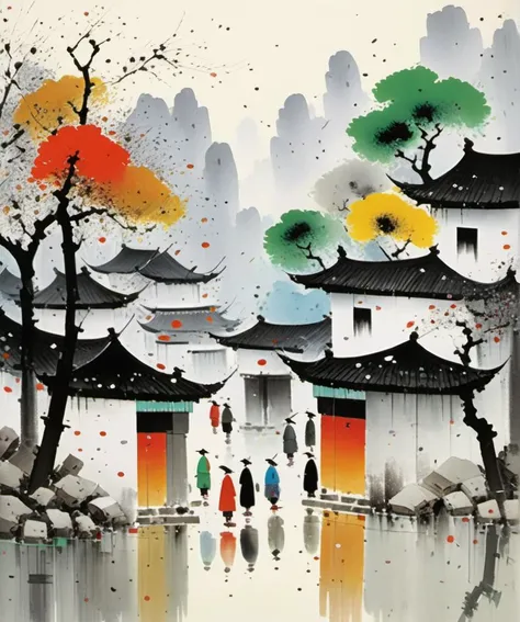 <lora:Wu Guanzhong Style:1>Wu Guanzhong Style - A beautiful painting by Wu Guanzhong, Traditional Chinese colorful Ink Painting style of The walls of an art gallery exhibit tell stories, each stroke a testament to the human experience