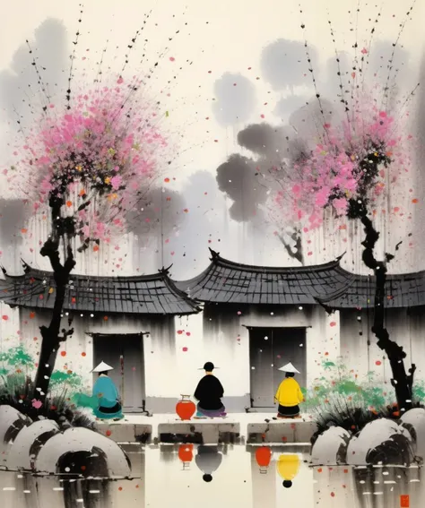 <lora:Wu Guanzhong Style:1>Wu Guanzhong Style - A beautiful painting by Wu Guanzhong, Traditional Chinese colorful Ink of Sitting in the courtyard and watching the flowers bloom and fade