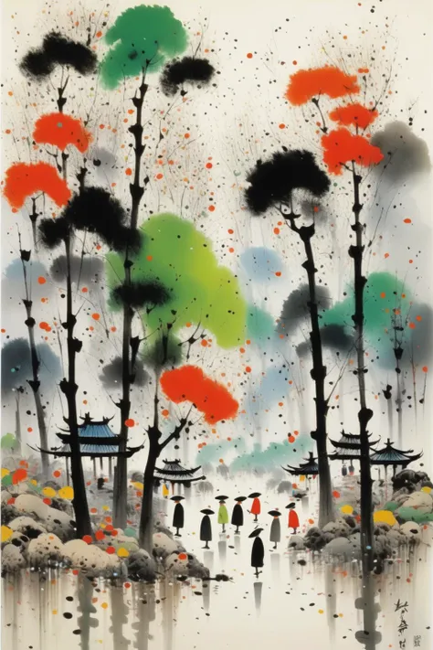 <lora:Wu Guanzhong Style:1>Wu Guanzhong Style - A beautiful painting by Wu Guanzhong, Traditional Chinese colorful Ink of Planting trees and greening the environment, calling on everyone to pay attention to environmental issues