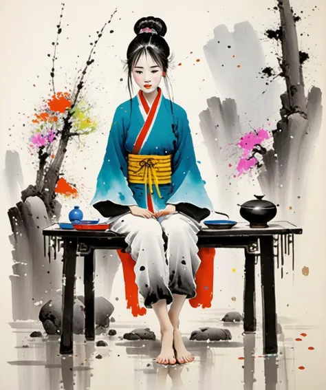 <lora:Wu Guanzhong Style:1>Wu Guanzhong Style - A beautiful painting by Wu Guanzhong, Traditional Chinese colorful Ink , beautiful 18yo girl, photo shoot model, studio, glamour pose,full body, feet, pose, detailed eyes, perfect anatomy,
