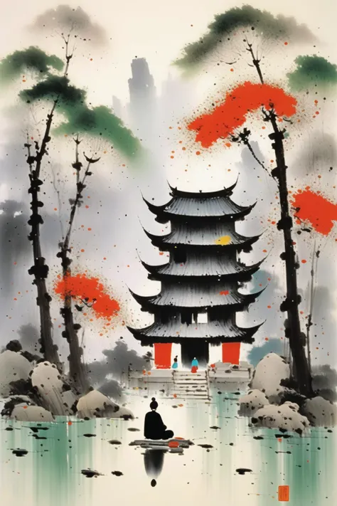 <lora:Wu Guanzhong Style:1>Wu Guanzhong Style - A beautiful painting by Wu Guanzhong, Traditional Chinese colorful Ink of Meditating quietly in a temple, immersing in the peace and tranquility of the soul