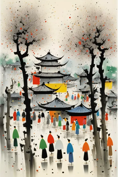 <lora:Wu Guanzhong Style:1>Wu Guanzhong Style - A beautiful painting by Wu Guanzhong, Traditional Chinese colorful Ink of The festival is a time for people to set aside differences and come together in a spirit of harmony and goodwil