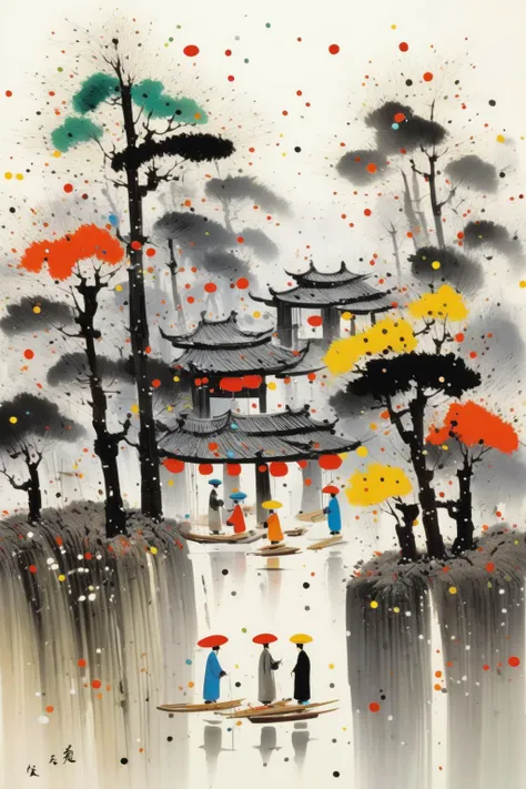 <lora:Wu Guanzhong Style:1>Wu Guanzhong Style - A beautiful painting by Wu Guanzhong, Traditional Chinese colorful Ink of virtual reality quilling