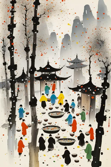 <lora:Wu Guanzhong Style:1>Wu Guanzhong Style - A beautiful painting by Wu Guanzhong, Traditional Chinese colorful Ink of Eating Laba porridge, this festival originated from Buddhism and was set up to commemorate Sakyamuni