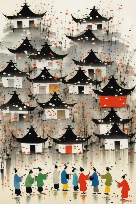 <lora:Wu Guanzhong Style:1>Wu Guanzhong Style - A beautiful painting by Wu Guanzhong, Traditional Chinese colorful Ink of People decorate their houses with fragrant sachets made from mugwort leaves to ward off evil spirits and bring good luck