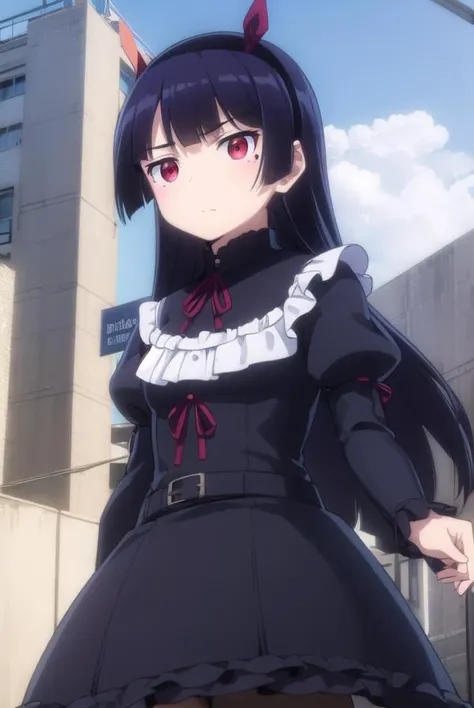 rurigokou, <lora:ruri gokou s2-lora-nochekaiser:1>,
ruri gokou, long hair, black hair, (red eyes:1.3), dress, pantyhose, hairband, mole, mole under eye, hime cut, 
BREAK dress, pantyhose, black dress, frills, puffy sleeves, long sleeves,
BREAK outdoors, city,
BREAK looking at viewer, (cowboy shot:1.5),
BREAK <lyco:GoodHands-beta2:1>, (masterpiece:1.2), best quality, high resolution, unity 8k wallpaper, (illustration:0.8), (beautiful detailed eyes:1.6), extremely detailed face, perfect lighting, extremely detailed CG, (perfect hands, perfect anatomy),