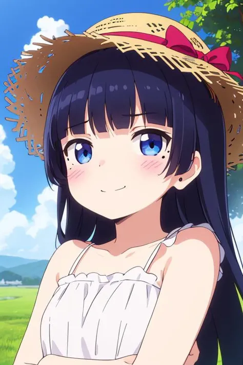 masterpiece, best quality,ultra detail,girl,blue eyes,ruri gokou, long hair, black hair, mole, mole under eye, hime cut, <lora:ruri gokou s2-lora-nochekaiser:0.7>blush,shy,straw hat,white summer dress,outdoor, lakeside ,cloud,evil smile,