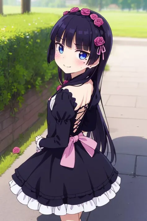 masterpiece, best quality,ultra detail,girl,blue eyes,ruri gokou, long hair, black hair, dress, mole, mole under eye, hime cut, <lora:ruri gokou s2-lora-nochekaiser:0.7>blush,shy,outdoor,black gothic dress,rose hair ornaments,evil smile,from back,looking at viewer,stylish pose