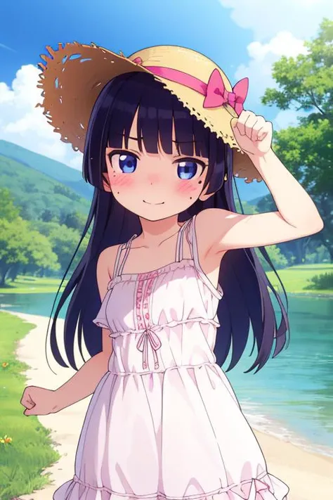 masterpiece, best quality,ultra detail,girl,blue eyes,ruri gokou, long hair, black hair, mole, mole under eye, hime cut, <lora:ruri gokou s2-lora-nochekaiser:0.7>blush,shy,straw hat,summer dress,outdoor lake,cloud,evil smile,paw pose