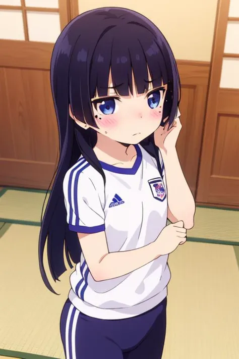 masterpiece, best quality,ultra detail,girl,blue eyes,ruri gokou, long hair, black hair, mole, mole under eye, hime cut, <lora:ruri gokou s2-lora-nochekaiser:0.7>blush,shy,training wear,Jersey, indoor,japanese room