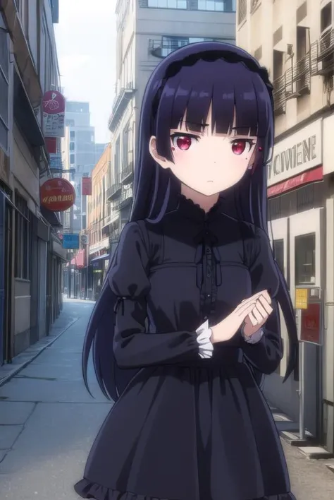 rurigokou, <lora:ruri gokou s2-lora-nochekaiser:1>,
ruri gokou, long hair, black hair, (red eyes:1.3), dress, pantyhose, hairband, mole, mole under eye, hime cut,
BREAK dress, pantyhose, black dress, frills, puffy sleeves, long sleeves,
BREAK outdoors, city,
BREAK looking at viewer, (cowboy shot:1.5),
BREAK <lyco:GoodHands-beta2:1>, (masterpiece:1.2), best quality, high resolution, unity 8k wallpaper, (illustration:0.8), (beautiful detailed eyes:1.6), extremely detailed face, perfect lighting, extremely detailed CG, (perfect hands, perfect anatomy),