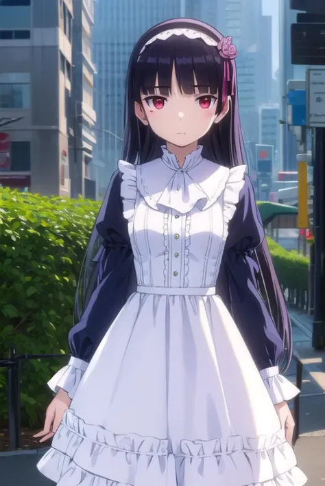 rurigokou, <lora:ruri gokou s2-lora-nochekaiser:1>,
ruri gokou, long hair, black hair, (red eyes:1.3), dress, pantyhose, hairband, mole, mole under eye, hime cut,
BREAK dress, pantyhose, black dress, frills, puffy sleeves, long sleeves,
BREAK outdoors, city,
BREAK looking at viewer, (cowboy shot:1.5),
BREAK <lyco:GoodHands-beta2:1>, (masterpiece:1.2), best quality, high resolution, unity 8k wallpaper, (illustration:0.8), (beautiful detailed eyes:1.6), extremely detailed face, perfect lighting, extremely detailed CG, (perfect hands, perfect anatomy),