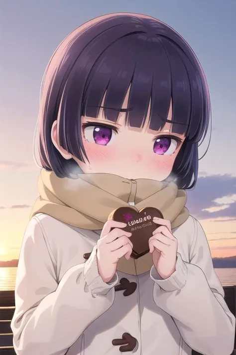 masterpiece,best quality,ultra detail, 1girl, gokou ruri,petite,winter outfit,presenting chocolate,heart,shy,blush,looking away,from above,large chocolate <lora:ruri gokou s2-lora-nochekaiser:0.7>outdoor,winter,sunset,close up