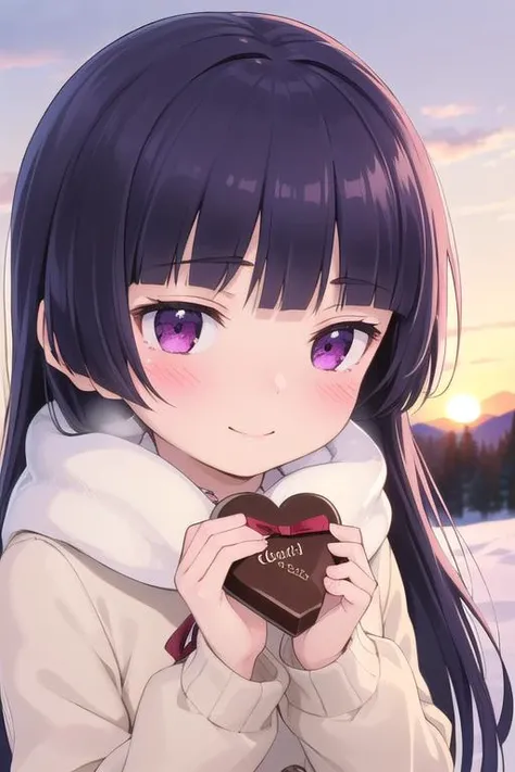 masterpiece,best quality,ultra detail, 1girl, gokou ruri,petite,winter outfit,longhair,presenting chocolate,heart,shy,blush,looking at viewer,smile,from above,large chocolate <lora:ruri gokou s2-lora-nochekaiser:0.7>outdoor,winter,sunset,close up