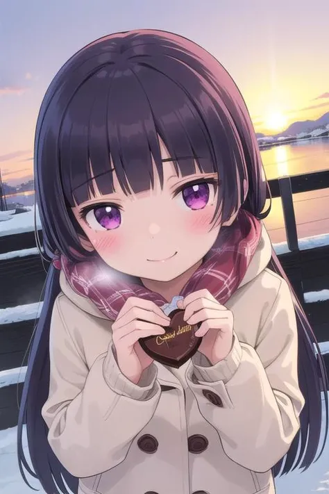 masterpiece,best quality,ultra detail, 1girl, gokou ruri,petite,winter outfit,longhair,presenting chocolate,heart,shy,blush,looking at viewer,smile,from above,large chocolate <lora:ruri gokou s2-lora-nochekaiser:0.7>outdoor,winter,sunset,close up