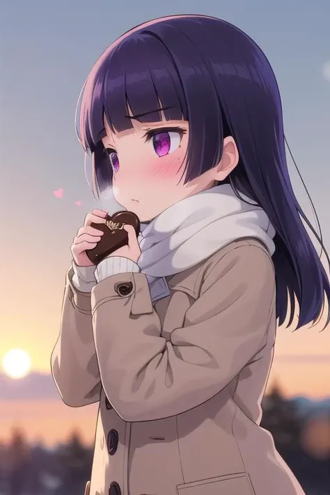 masterpiece,best quality,ultra detail, 1girl, gokou ruri,petite,winter outfit,presenting chocolate,heart,shy,blush,looking away,from above,large chocolate <lora:ruri gokou s2-lora-nochekaiser:0.7>outdoor,winter,sunset,close up