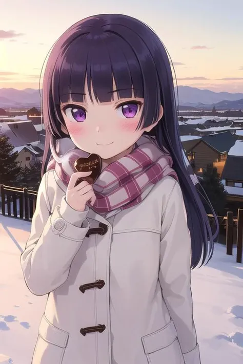 masterpiece,best quality,ultra detail, 1girl, gokou ruri,petite,winter outfit,longhair,presenting chocolate,shiny eyes,heart,blush,looking at viewer,evil smile,from above,large chocolate <lora:ruri gokou s2-lora-nochekaiser:0.7>outdoor,winter,sunset,close up