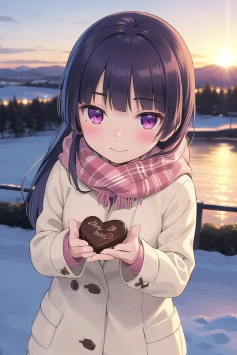 masterpiece,best quality,ultra detail, 1girl, gokou ruri,petite,winter outfit,presenting chocolate,heart,shy,blush,looking at viewer,smile,from above,large chocolate <lora:ruri gokou s2-lora-nochekaiser:0.7>outdoor,winter,sunset,close up