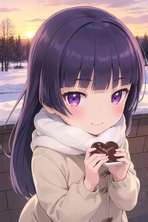 masterpiece,best quality,ultra detail, 1girl, gokou ruri,petite,winter outfit,longhair,presenting chocolate,shiny eyes,heart,blush,looking at viewer,evil smile,from above,large chocolate <lora:ruri gokou s2-lora-nochekaiser:0.7>outdoor,winter,sunset,close up