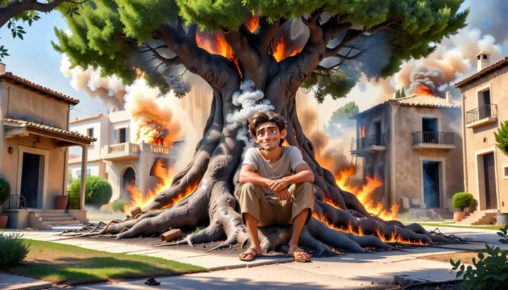 HDR photo of impactful paint of A young Athenian man sitting under a large tree, Cartoony, soothing and soft cinematic lighting <lora:Cute_3D_Cartoon:0.5>(smoke:1.1) around the burning house <lora:dvr-smk-sdxl (1):1> . High dynamic range