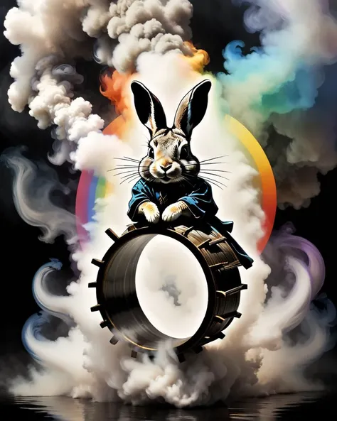 surrounded by smoke, Palekh of a Song Dynasty female version of Peter Rabbit, dark rainbow Ring, inside a Windmill, Horror, gritty, goth, <lora:dvr-smk:1>