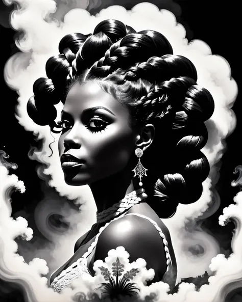 surrounded by smoke, Silhouette Art, fairy tale, Omarosa Manigault Newman, Dutch braid hairstyle, Heliosphere One-Eyed, Orientalism Art, high contrast, well defined, Silhouette Art, <lora:dvr-smk:1>