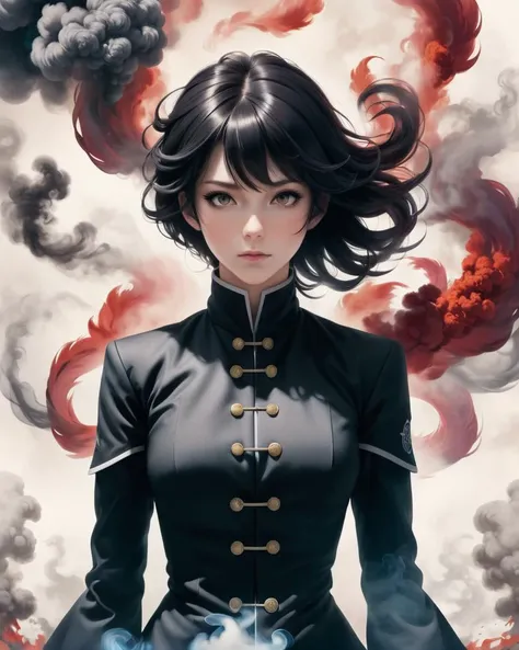 surrounded by smoke, by Ruan Jia, Artgerm, Range Murata, WLOP, CLAMP and Loish, upper body shot of a flawless ("If I should die, think only this of me: That there's some corner of a foreign field that is forever England.":1.2) , in focus, Zen, Rusticcore, natural lighting, Vibrant Color, macabre, anime key visual, close-up, <lora:dvr-smk:1>
